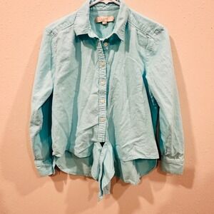 LOFT Women's Light Blue Collared Tie Front Button Down Shirt Size S Formal Work